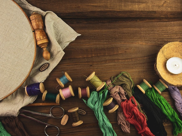 selection of embroidery threads and tools